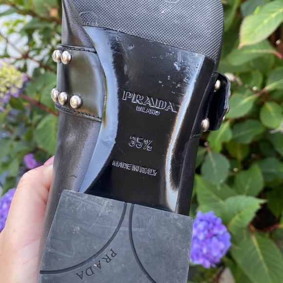 Prada Milano leather pointy toe studded fringe leather buckled flats black shoes - Picture 3 of 7